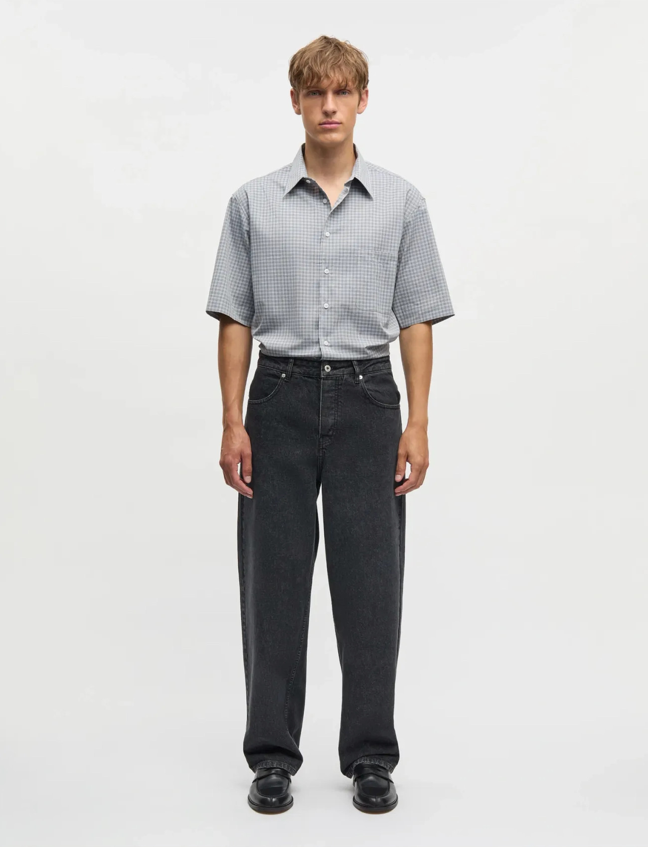 Mads Nørgaard Cotton Soft Oskar Shirt Ss, XXL, Grey, Shirts > Striped Shirts, Herre
