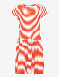 2x2 Cotton Stripe Daisina Dress - short-sleeved casual dresses - cherry tomato/white