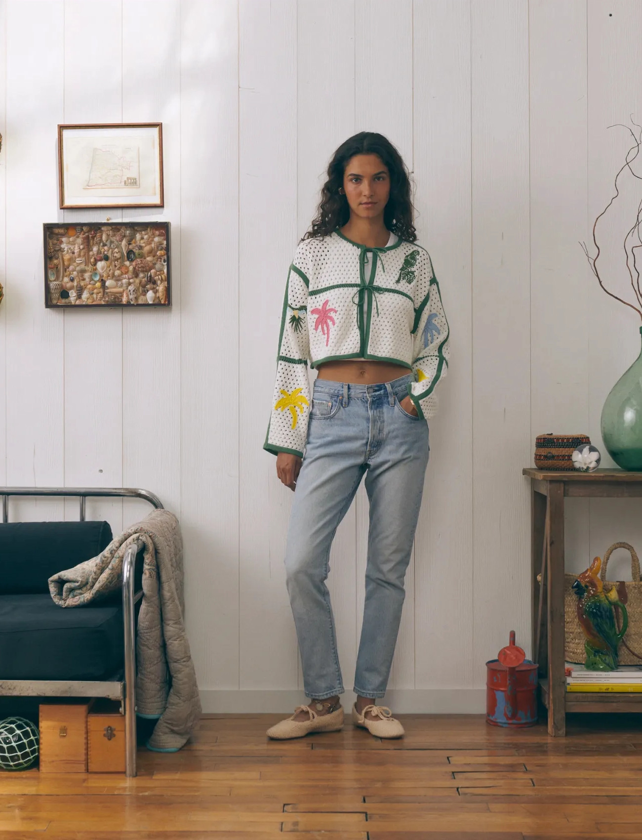 Maison Labiche Cesbron Parrot Palm, XS/S, White, Strik > Cardigans, Dame