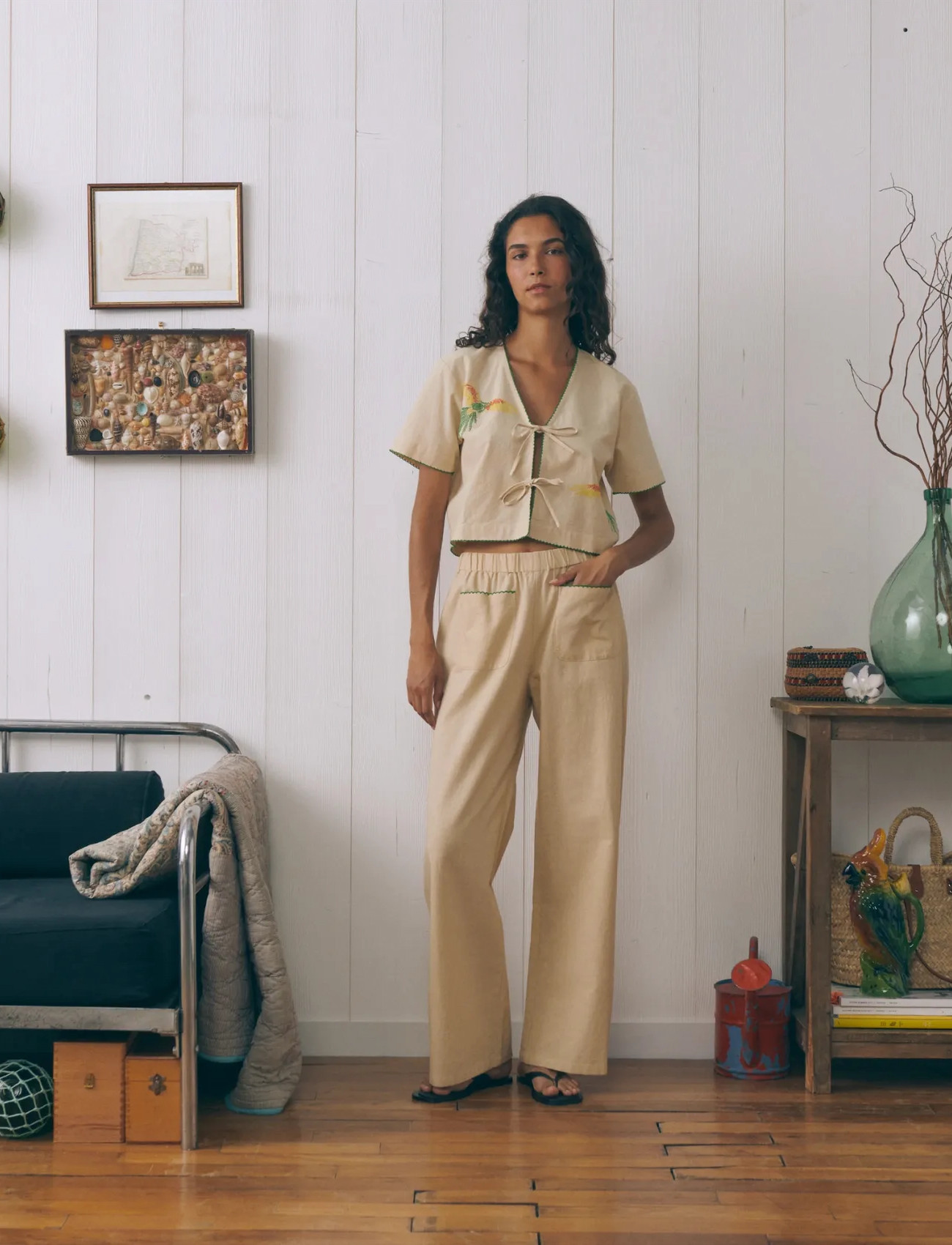 Maison Labiche Veneur Parrots, XL, Cream, Skjorter > Kortærmede, Dame