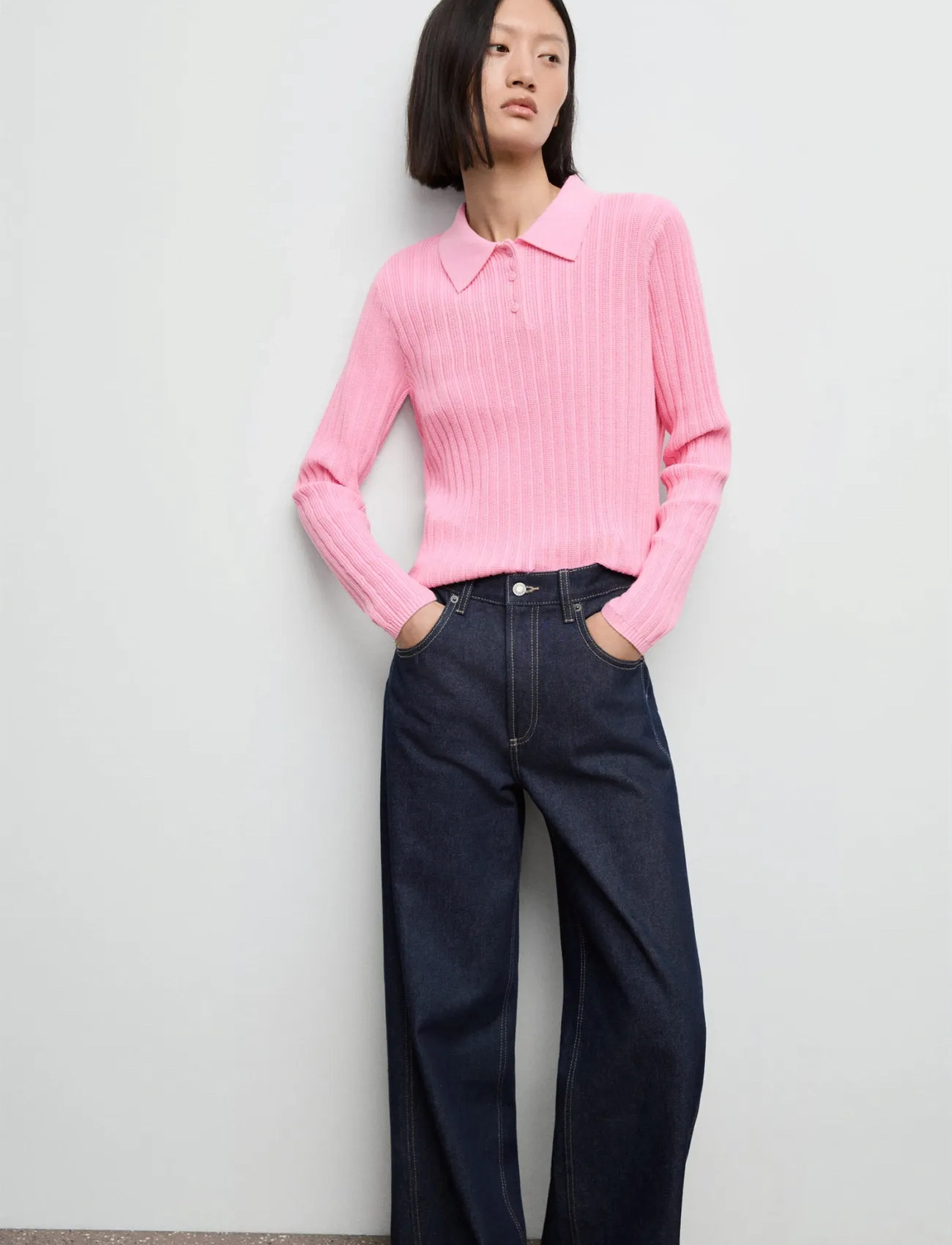 Mango Polo-Neck Ribbed Sweater, M, Pink, Strik > Trøjer, Dame