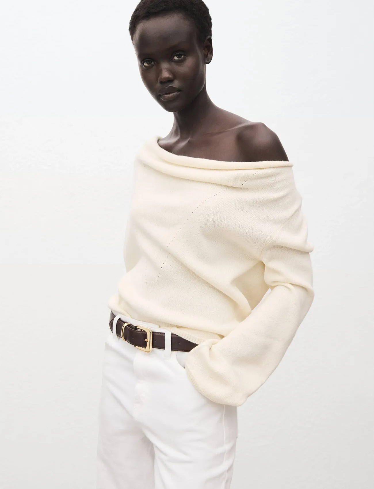Mango Draped-Neck Sweater, L, Cream, Strik > Trøjer, Dame