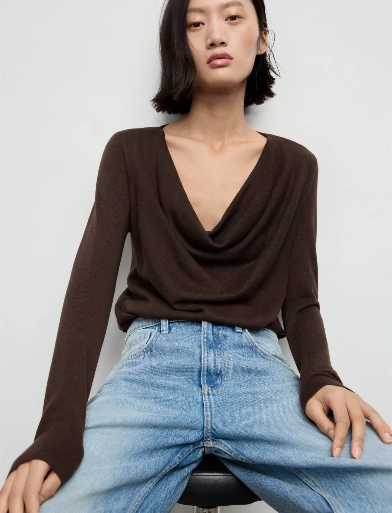 Mango Draped-Neck Sweater, M, Brown, T-Shirts & Toppe > Langærmede, Dame