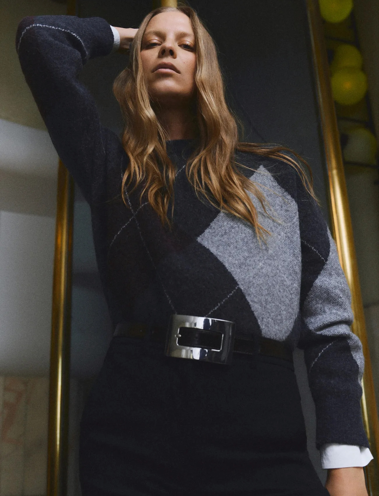 Mango Argyle Knit Sweater, L, Grey, Strik > Trøjer, Dame