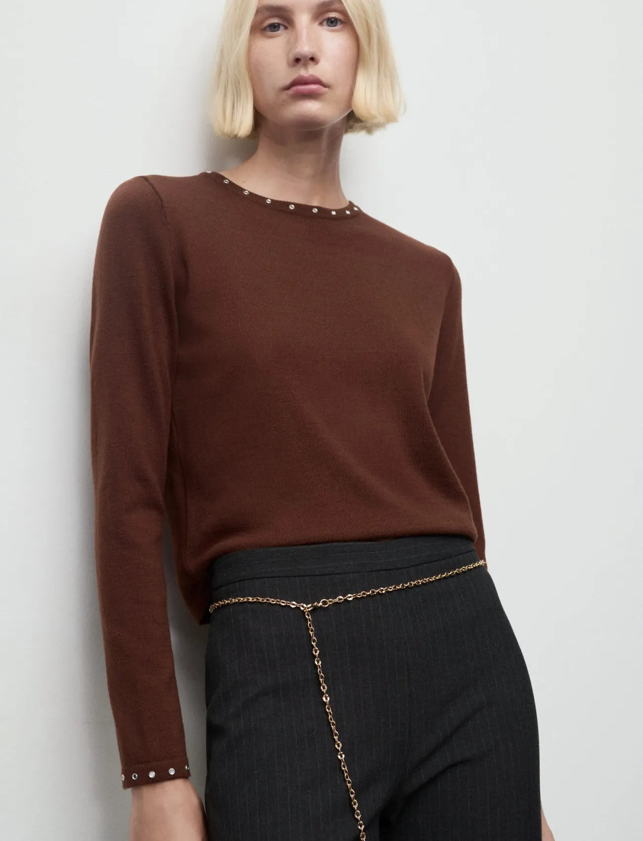 Mango Studded Knitted Sweater, M, Brown, Strik > Trøjer, Dame