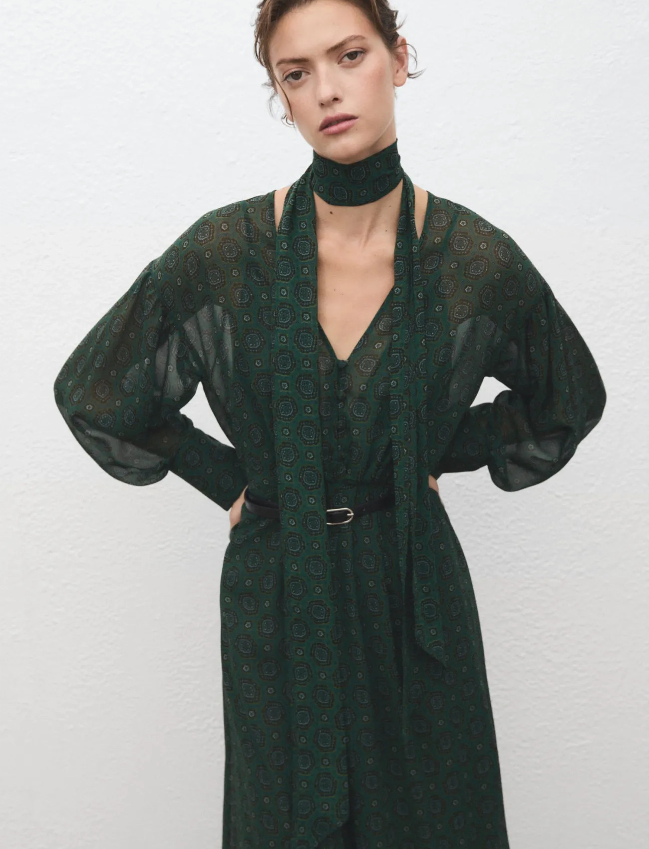 Mango Printed Dress With Foulard, XS, Green, Kjoler > Maxikjole, Dame