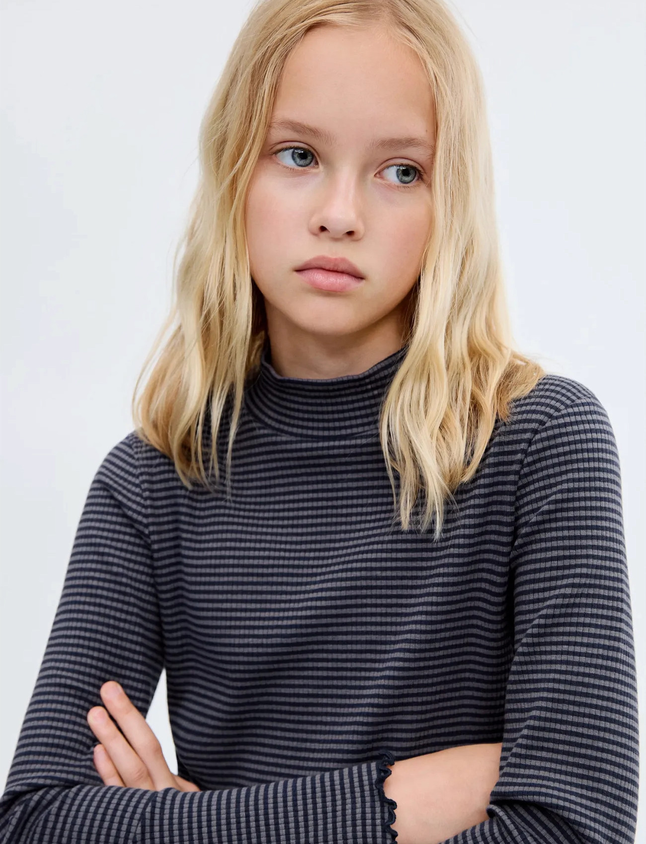Mango Scalloped Hem Striped T-Shirt, 5-6, Navy, T-Shirts > Langærmede T-shirts, Børn