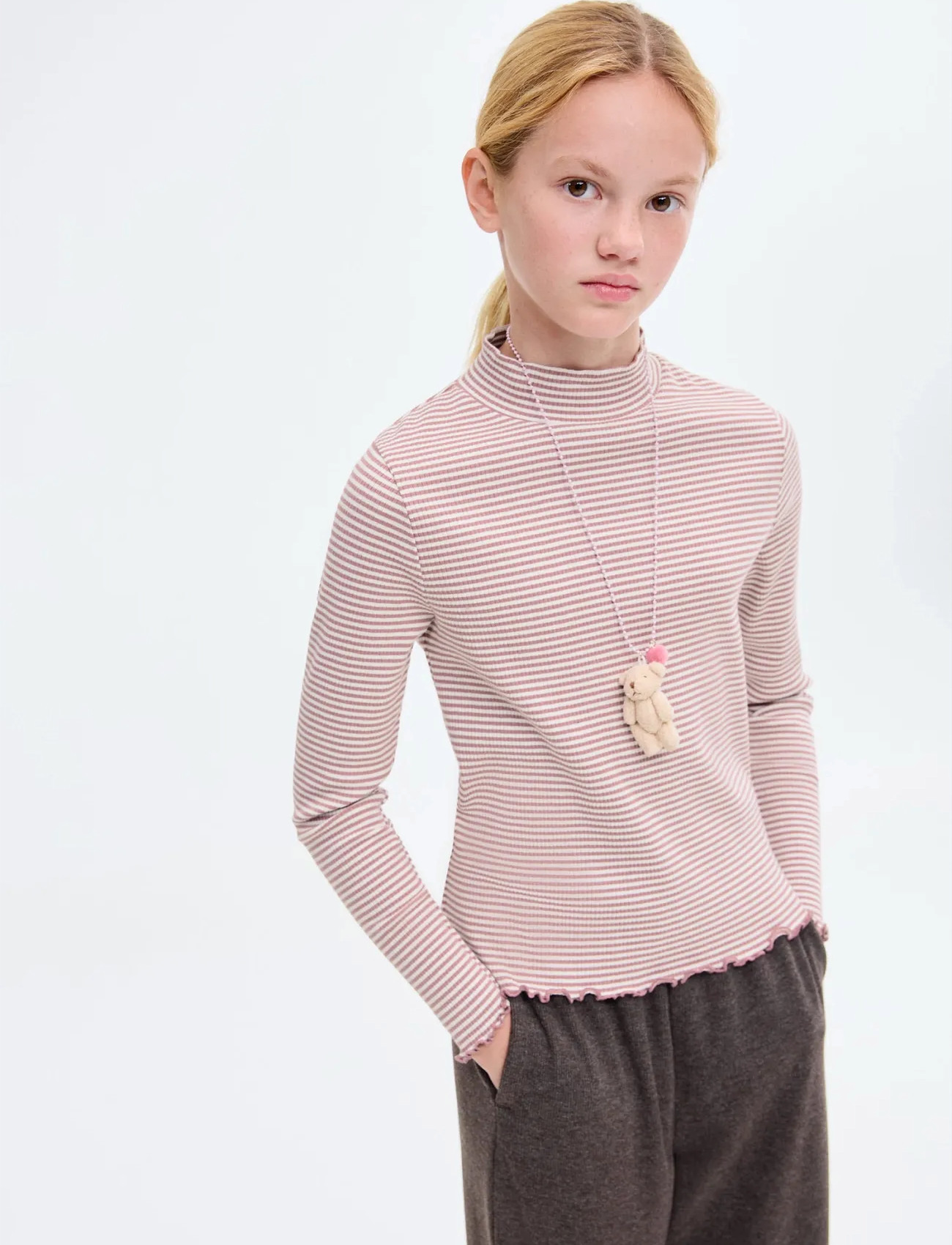 Mango Scalloped Hem Striped T-Shirt, 5-6, Pink, T-Shirts > Langærmede T-shirts, Børn