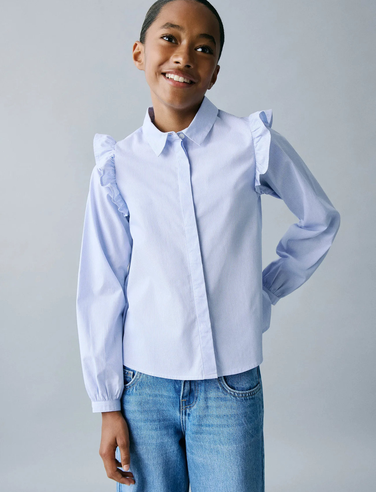 Mango Shirt With Ruffle Detail, 7, Blue, Skjorter > Langærmede Shirts, Børn