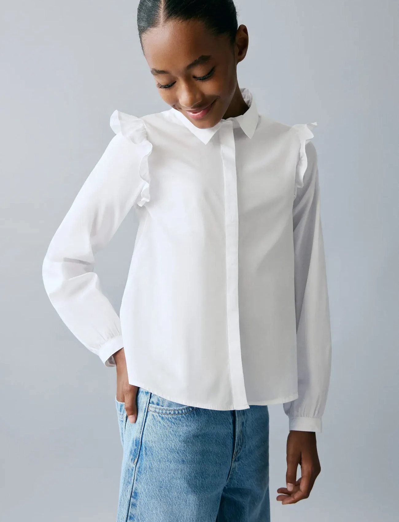 Mango Shirt With Ruffle Detail, 6, White, Skjorter > Langærmede Shirts, Børn