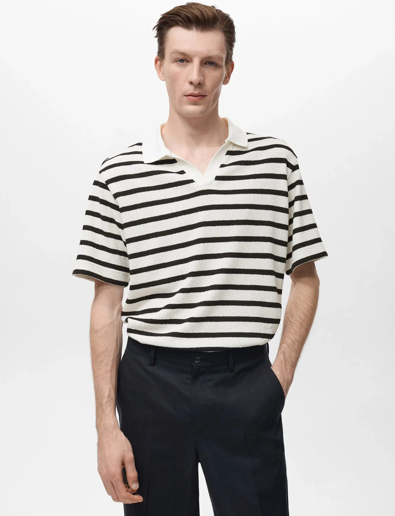 Mango Striped Textured Knitted Polo Shirt, L, White, Strik > Kortærmede Strikkede Poloer, Herre
