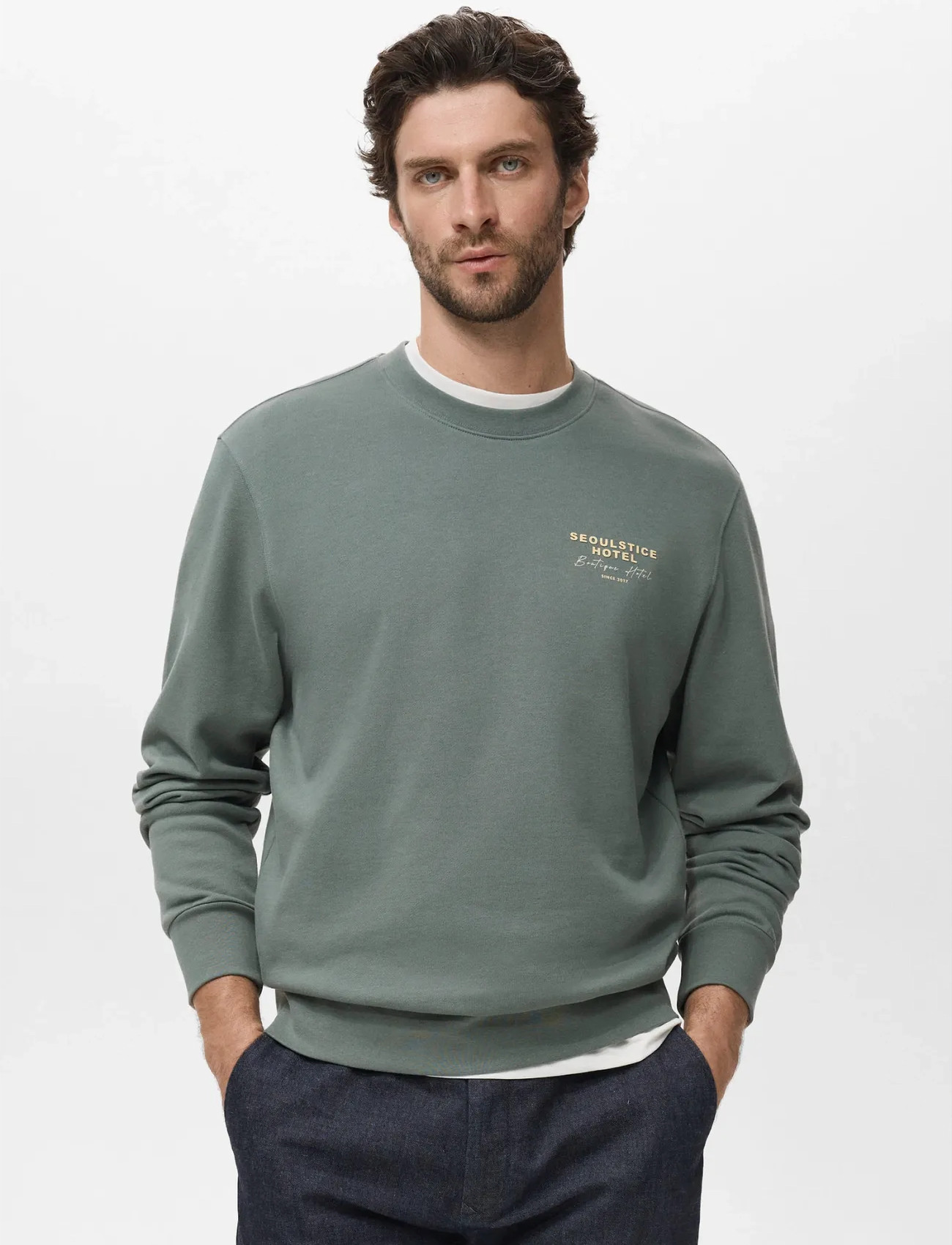 Mango Printed Cotton Sweatshirt, XL, Green, Sweatshirts & Hættetrøjer > Sweatshirts, Herre