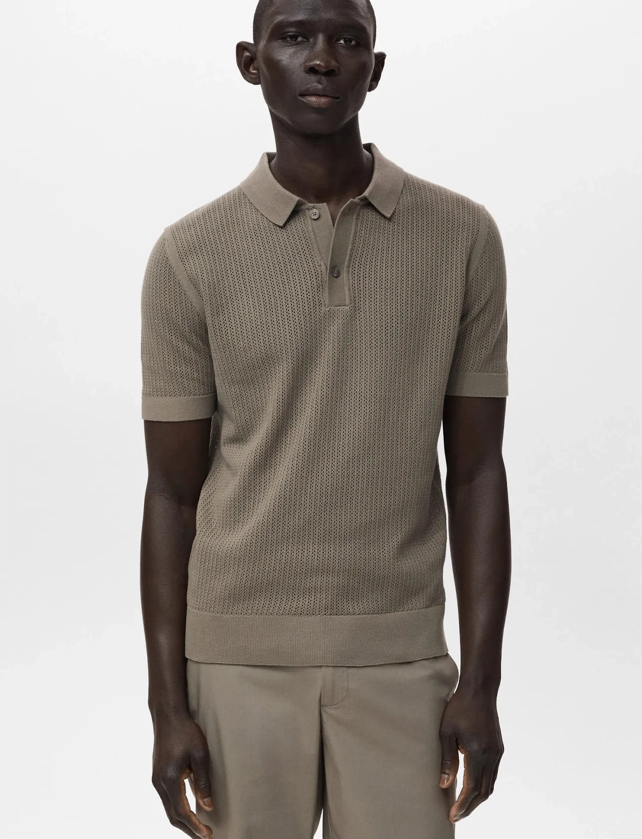 Mango Openwork Knitted Cotton Polo Shirt, M, Khaki green, Poloer > Kortærmede, Herre