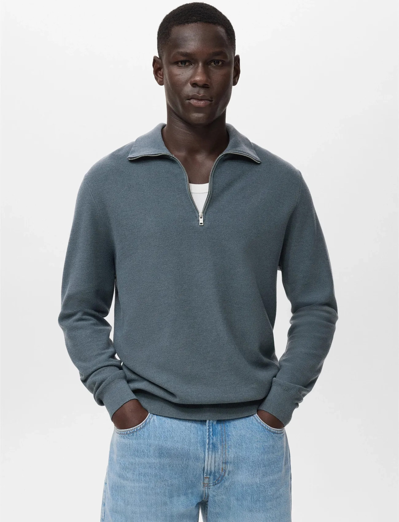 Mango Microstructure Sweater With Zipper Collar, S, Blue, Strik > Trøjer Med Halv Lynlås, Herre