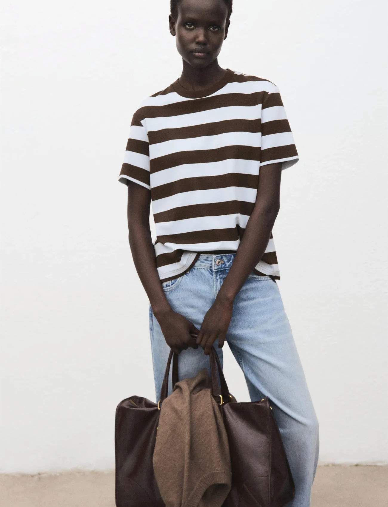 Mango Striped Short-Sleeved T-Shirt, S, Brown, T-Shirts & Toppe > Kortærmede, Dame
