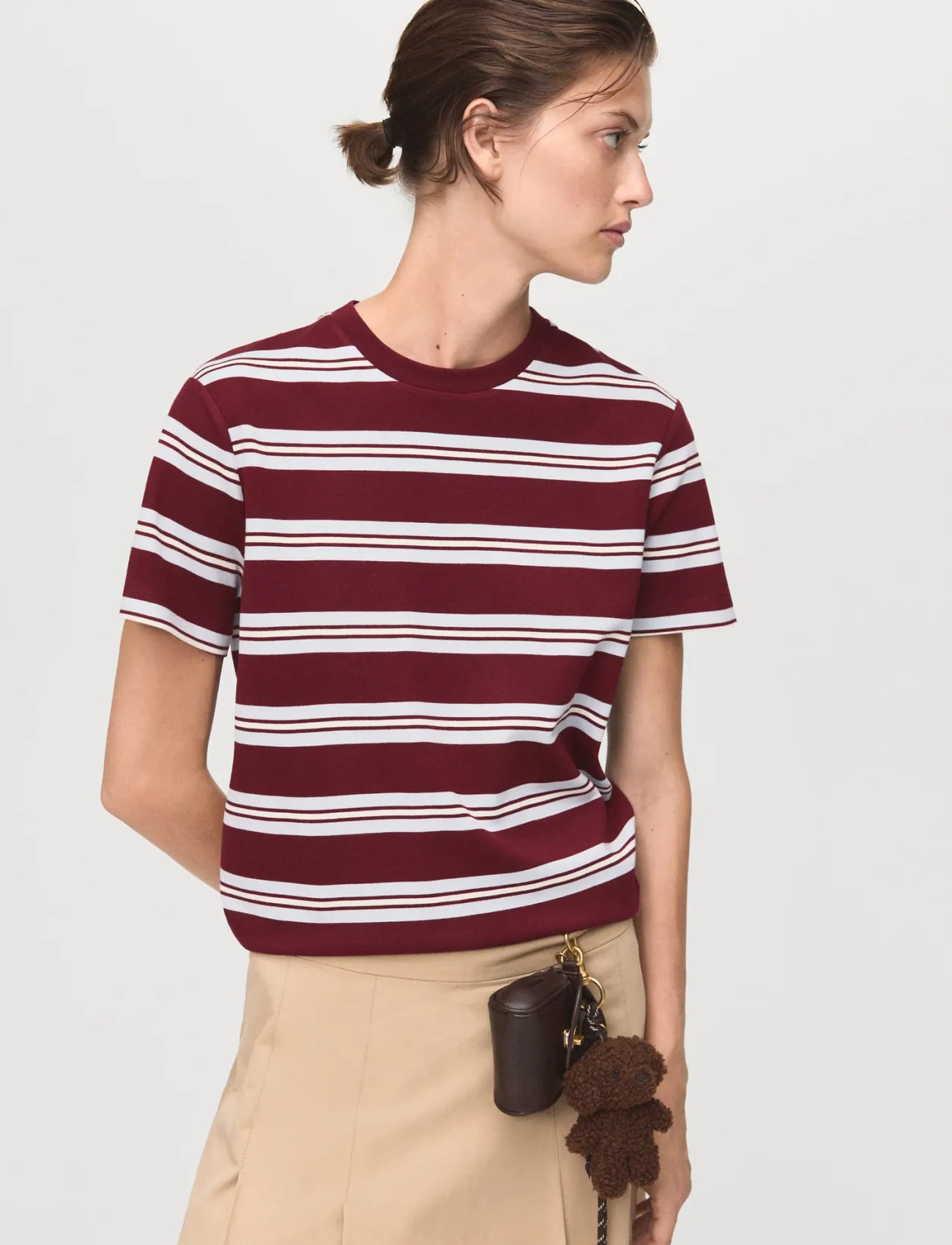 Mango Striped Short-Sleeved T-Shirt, XS, Burgundy, T-Shirts & Toppe > Kortærmede, Dame