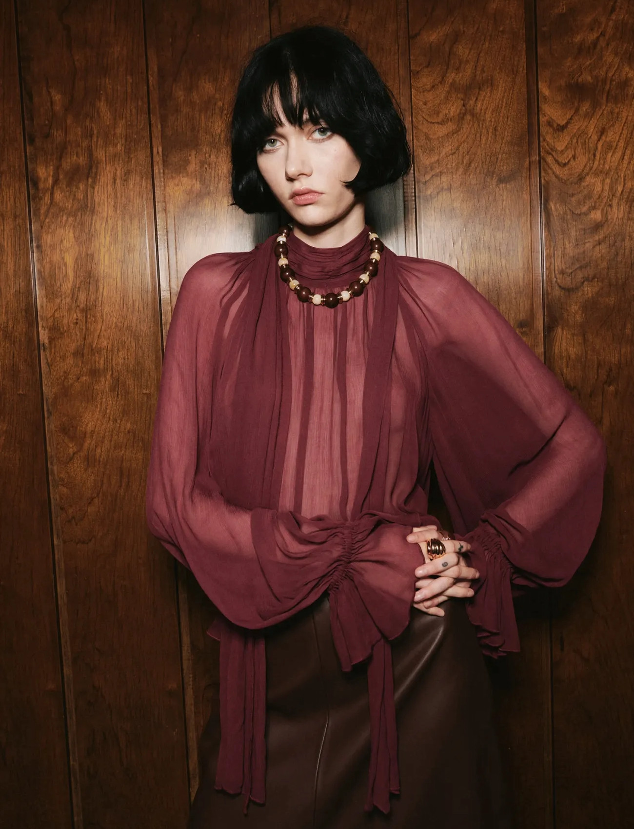 Mango Semi-Transparent Blouse With Foulard, L, Burgundy, Bluser > Langærmede, Dame