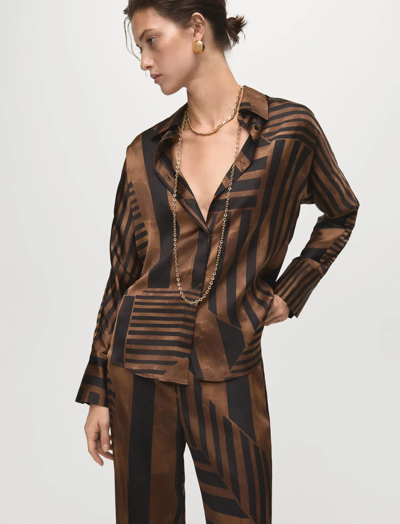 Mango Striped Satin Blouse, S, Brown, Skjorter > Langærmede, Dame