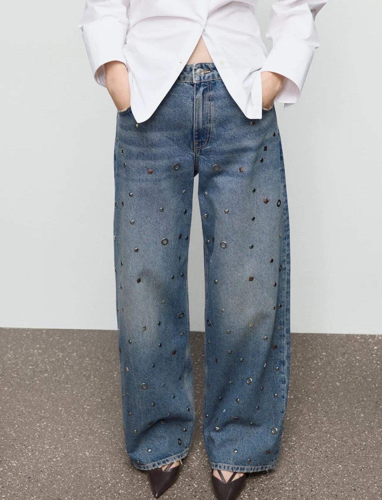 Mango Straight-Leg Jeans With Eyelets, 38, Blue, Jeans > Lige-Almindelige, Dame