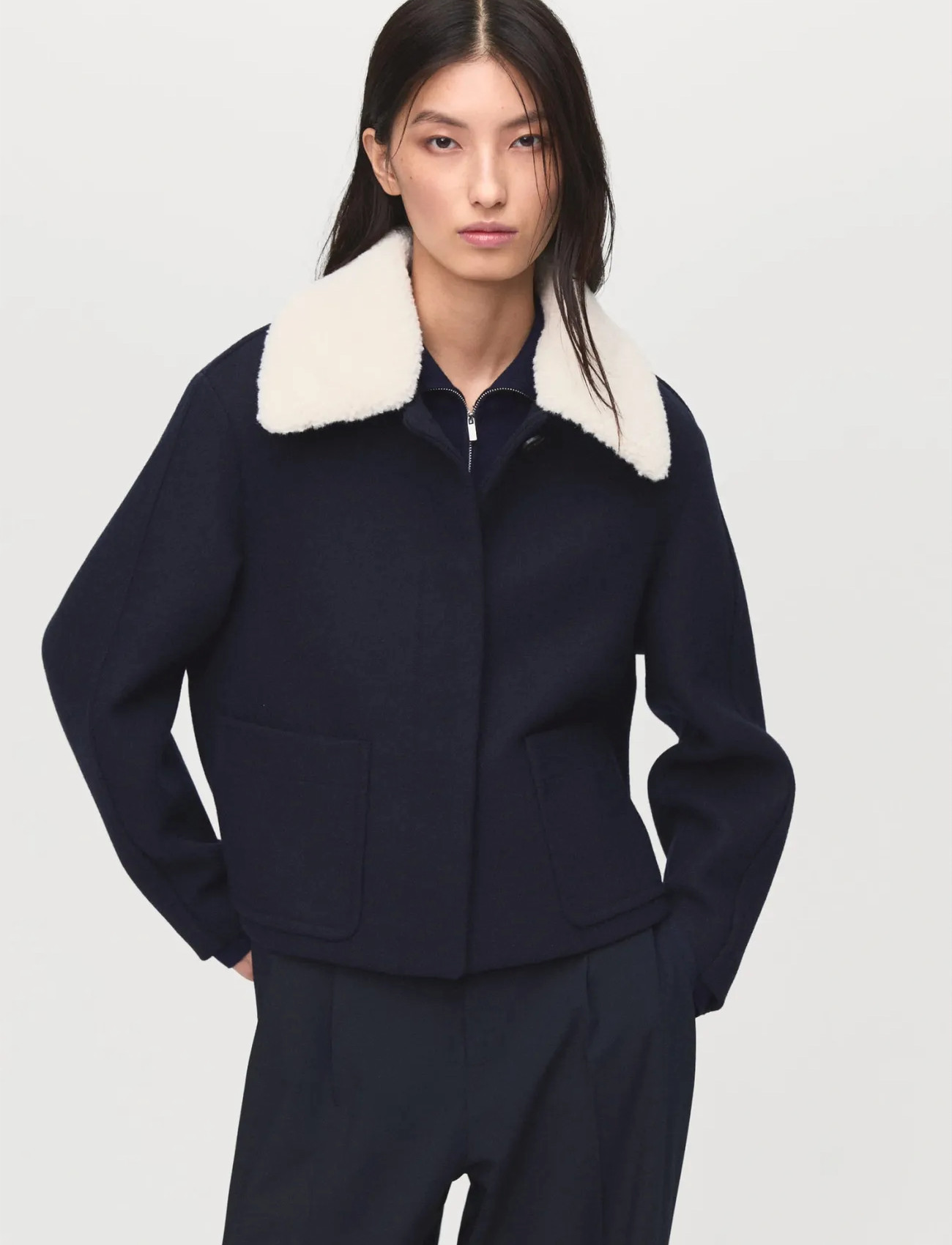 Mango Wool-Blend Jacket With Shearling-Blend Collar, XS, Navy, Jakker > Uldjakker, Dame