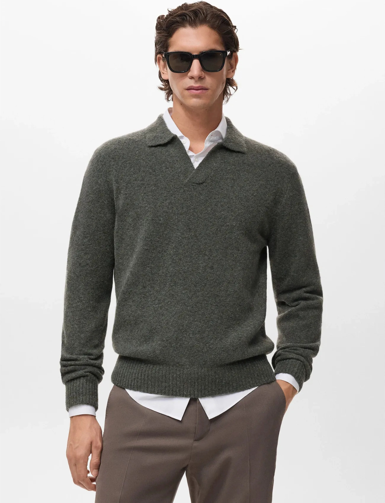 Mango Knitted Wool Blend Polo Sweater, XXL, Green, Strik > Langærmede Strikkede Poloer, Herre