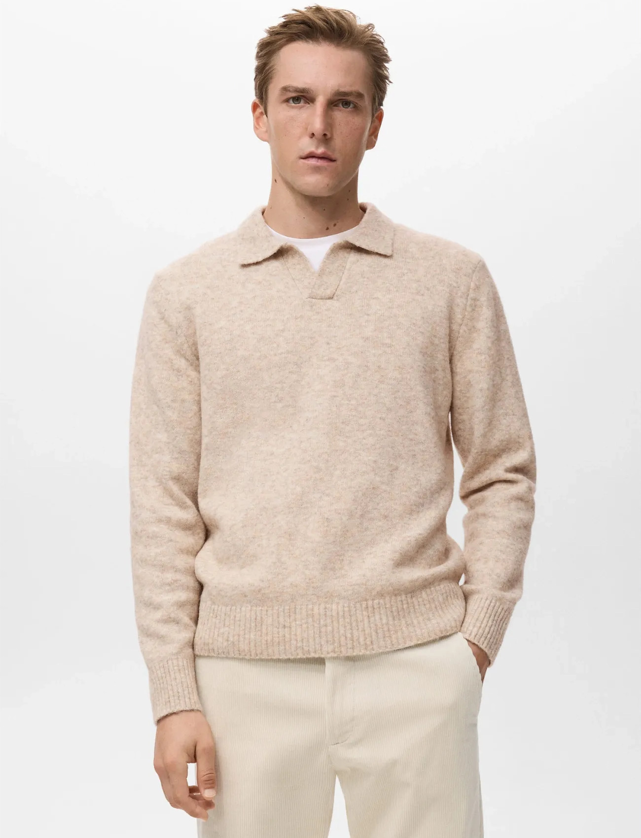 Mango Knitted Wool Blend Polo Sweater, XL, Beige, Strik > Langærmede Strikkede Poloer, Herre