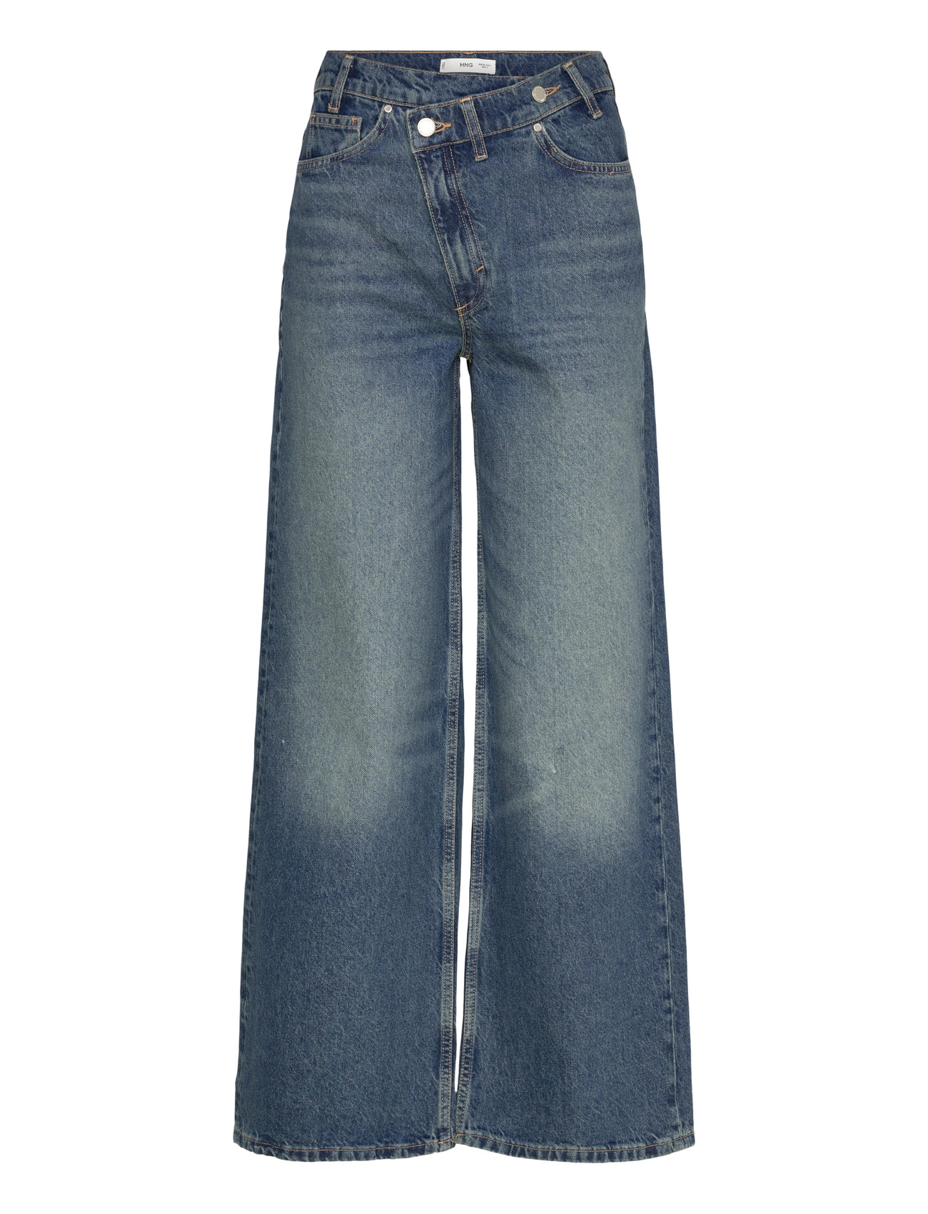 Mango Wide Leg Mid-Rise Jeans With A Crossover Waistband, 34, Blue, Jeans > Vidde, Dame