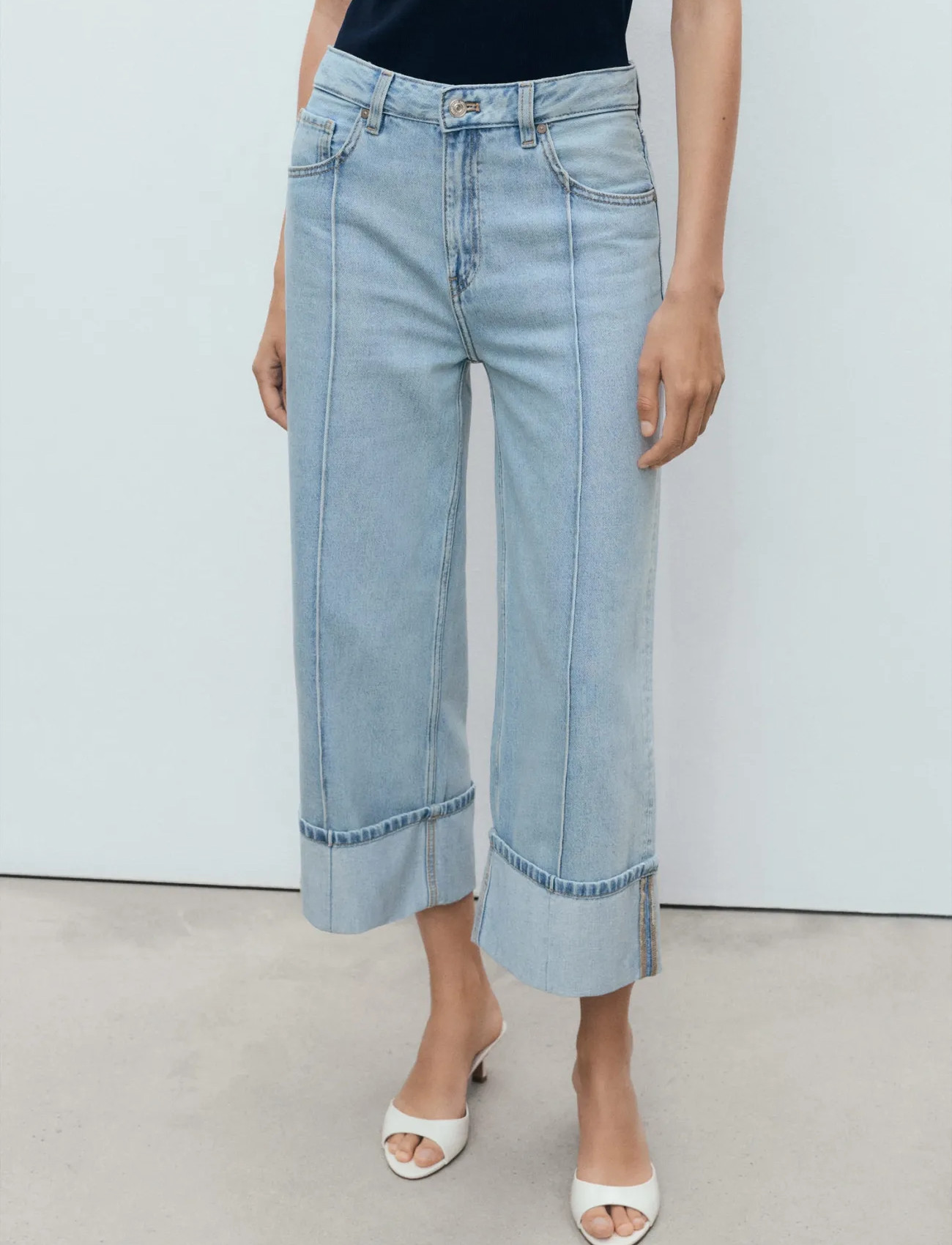 Mango Wide Leg Cropped Jeans With Rolled-Up Hem, 36, Blue, Jeans > Vidde, Dame