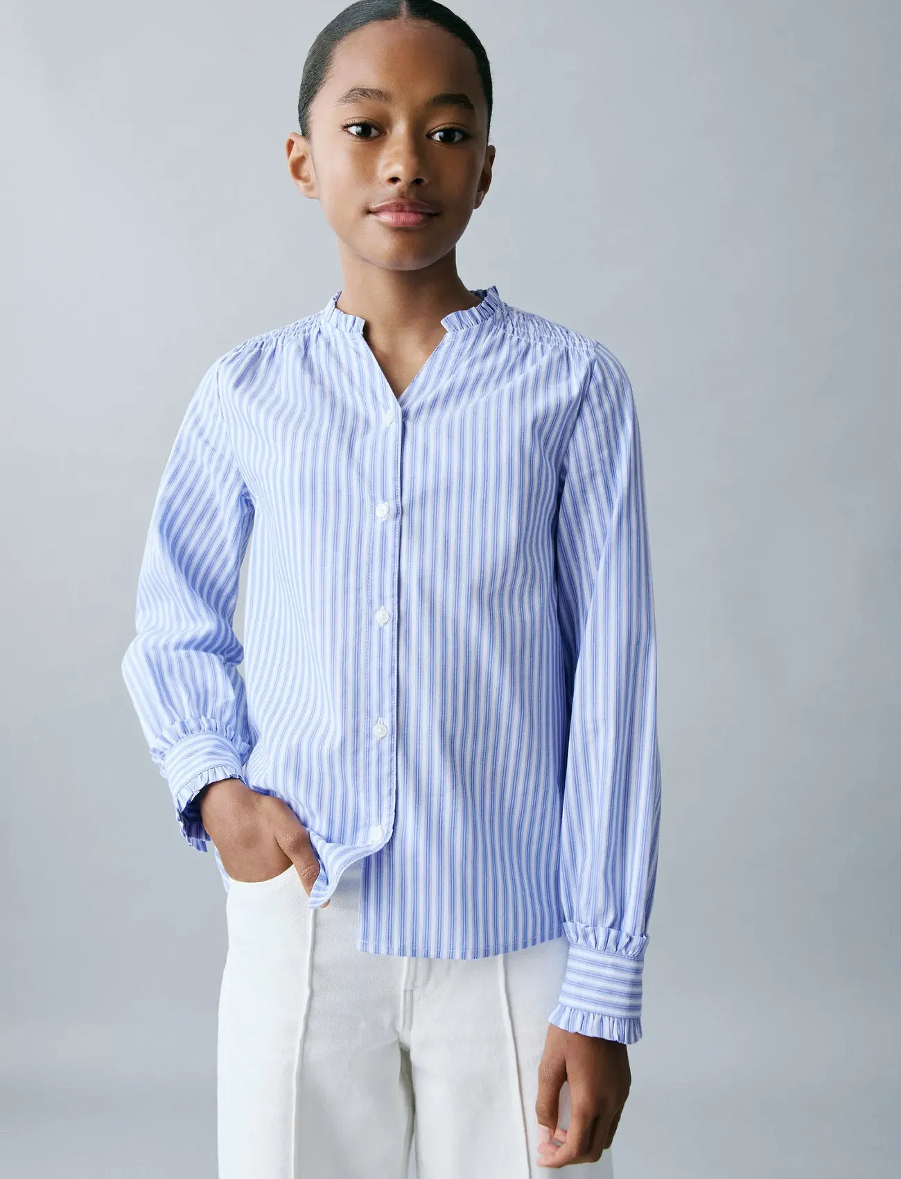 Mango Striped Shirt With Pleated Details, 7, Blue, Skjorter > Langærmede Shirts, Børn