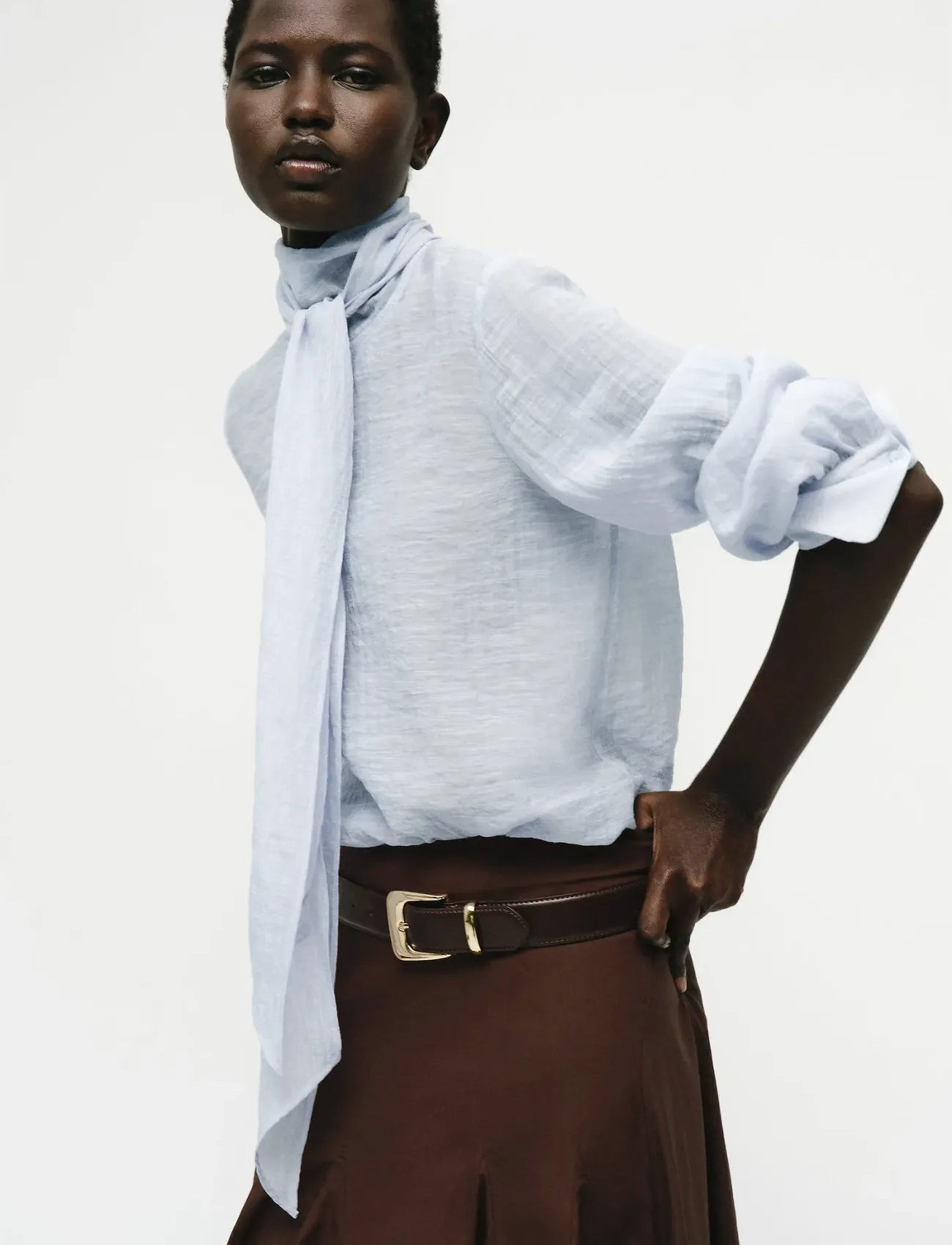 Mango Textured Blouse With Foulard, L, Blue, Bluser > Langærmede, Dame