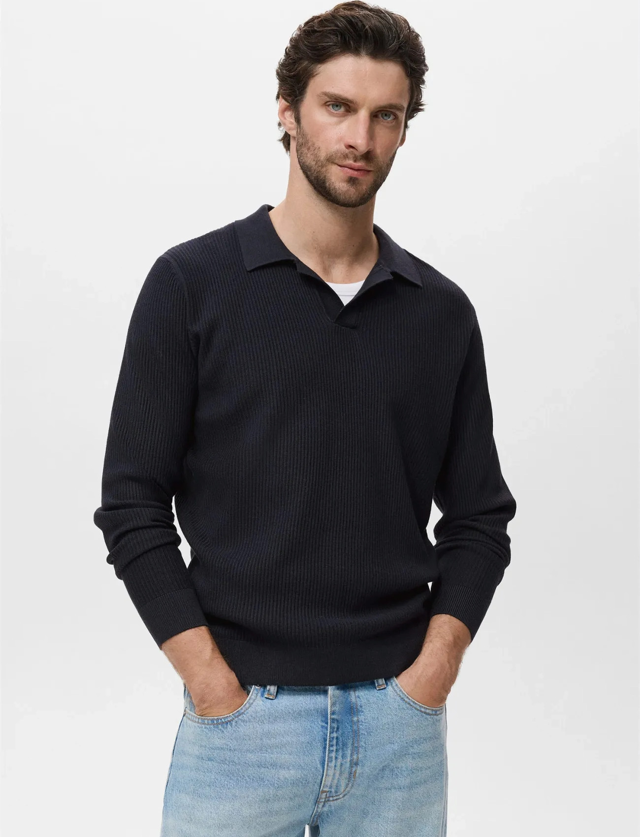 Mango Cotton-Blend Ribbed Polo Sweater, XL, Navy, Strik > Langærmede Strikkede Poloer, Herre