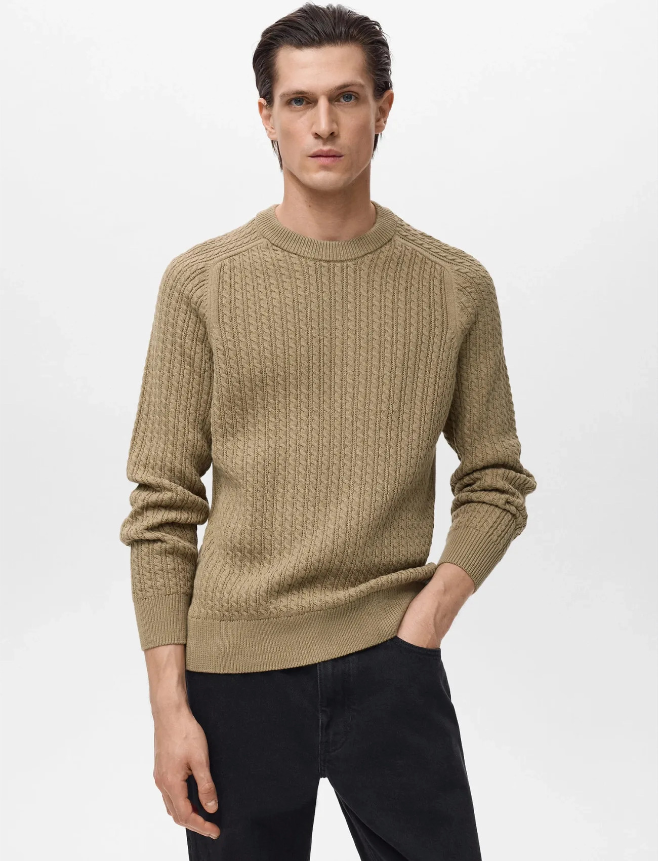 Mango 100% Cotton Braided Sweater, L, Beige, Strik > Runde Halse, Herre