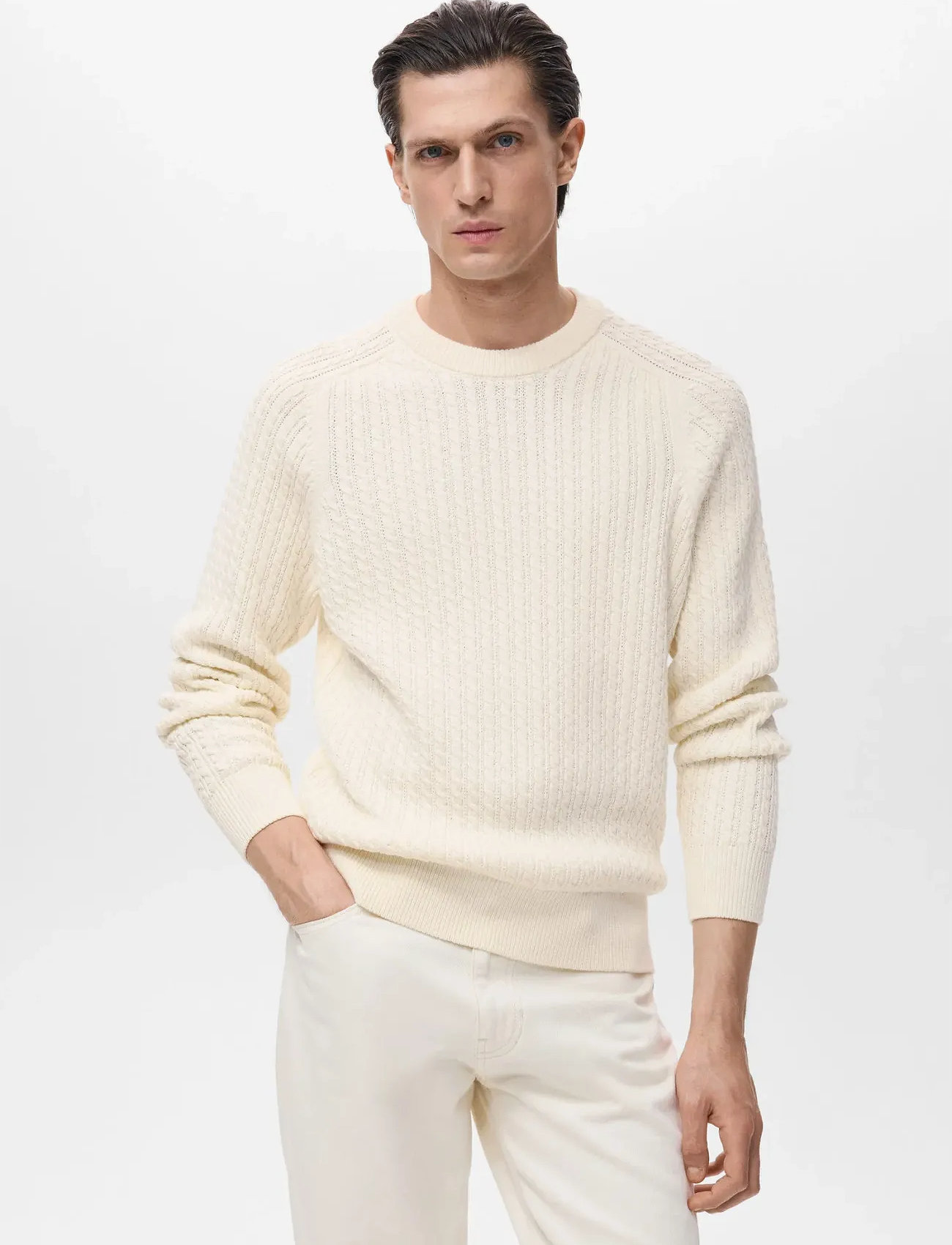 Mango 100% Cotton Braided Sweater, M, Cream, Strik > Runde Halse, Herre
