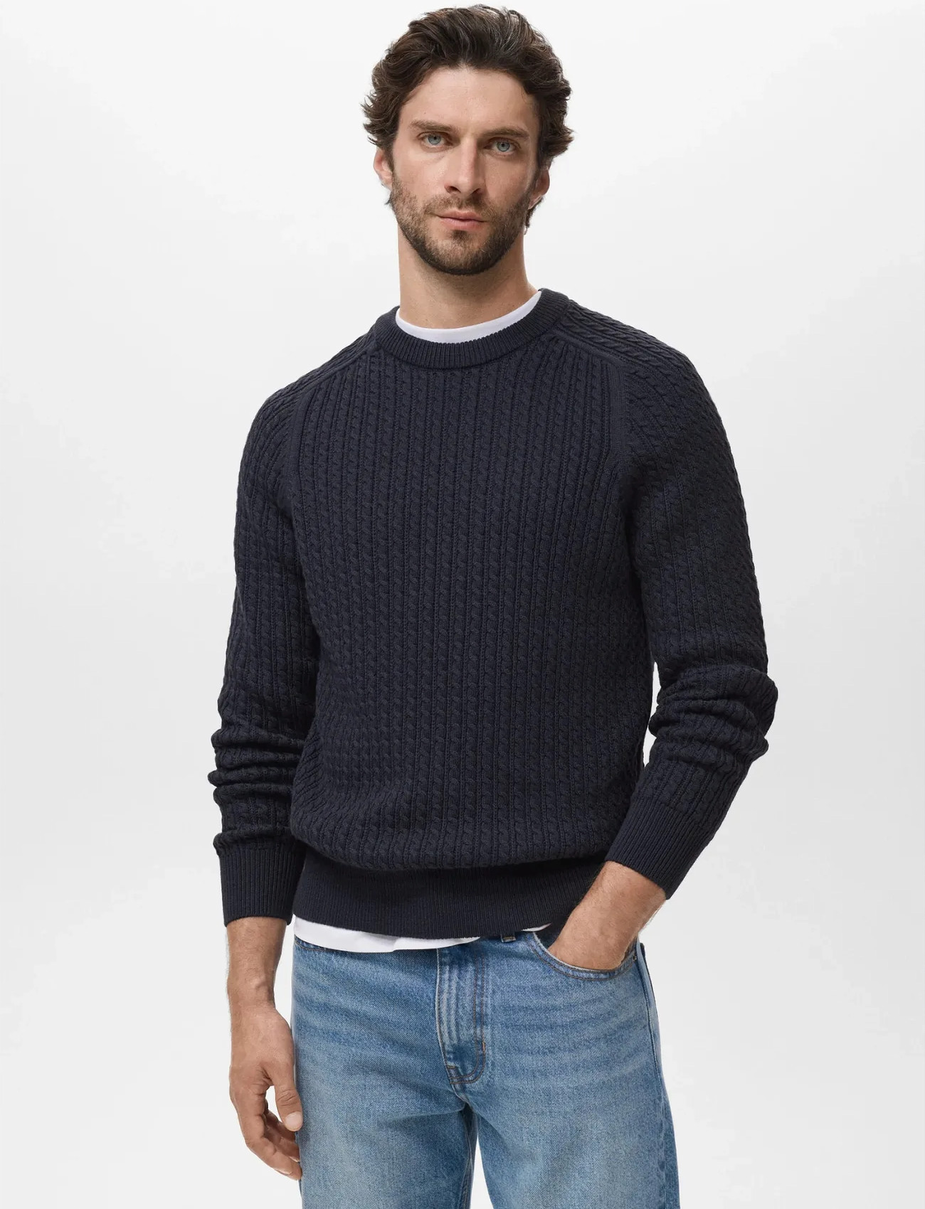 Mango 100% Cotton Braided Sweater, S, Navy, Strik > Runde Halse, Herre