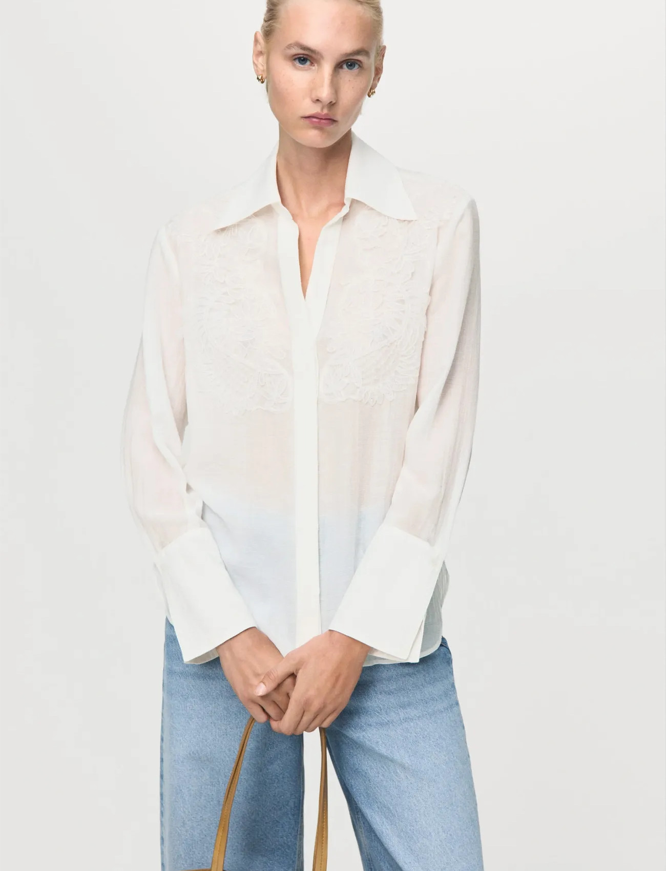 Mango Lyocell Shirt With Patches, S, White, Skjorter > Langærmede, Dame