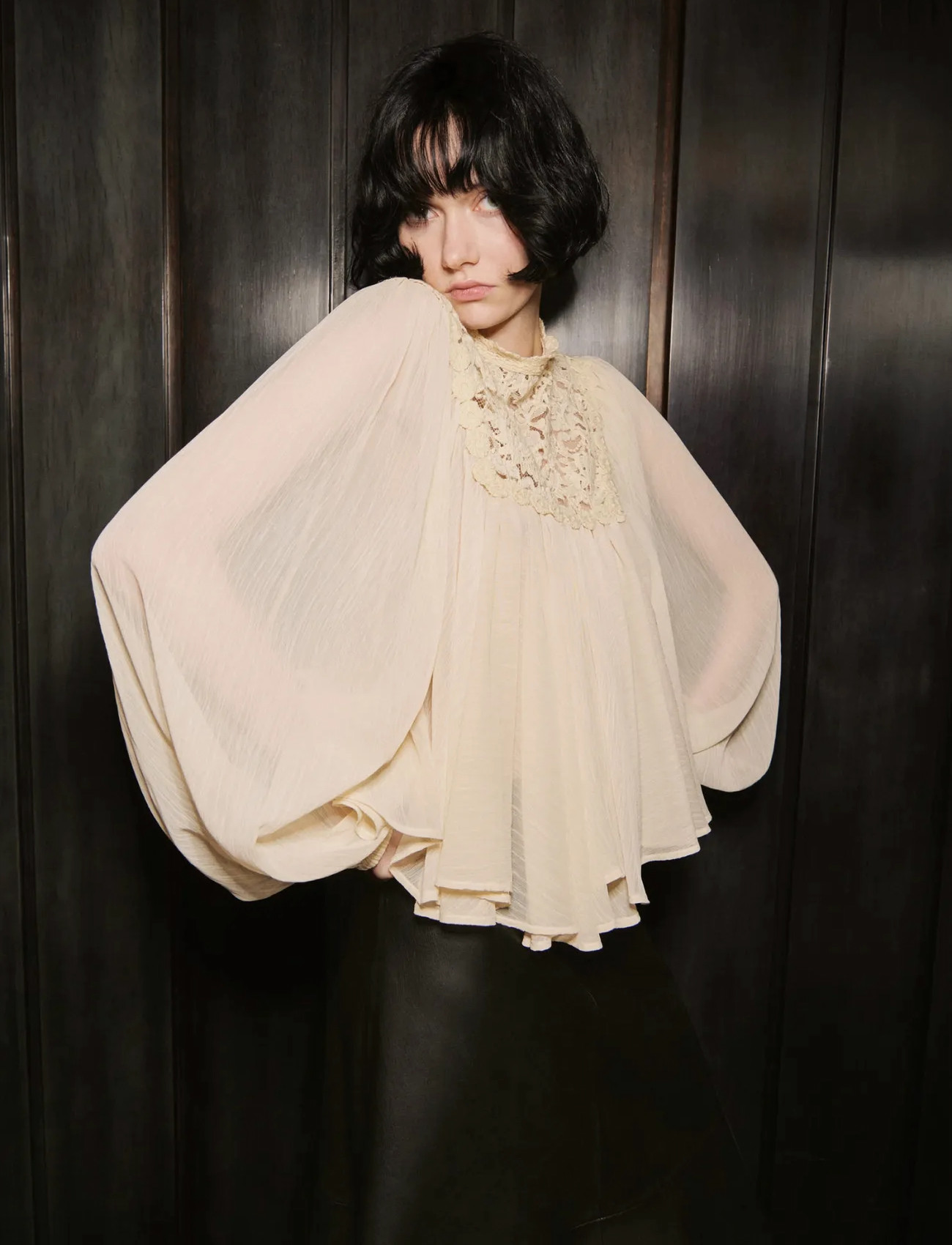 Mango Lace Combination Blouse, M, Cream, Bluser > Langærmede, Dame