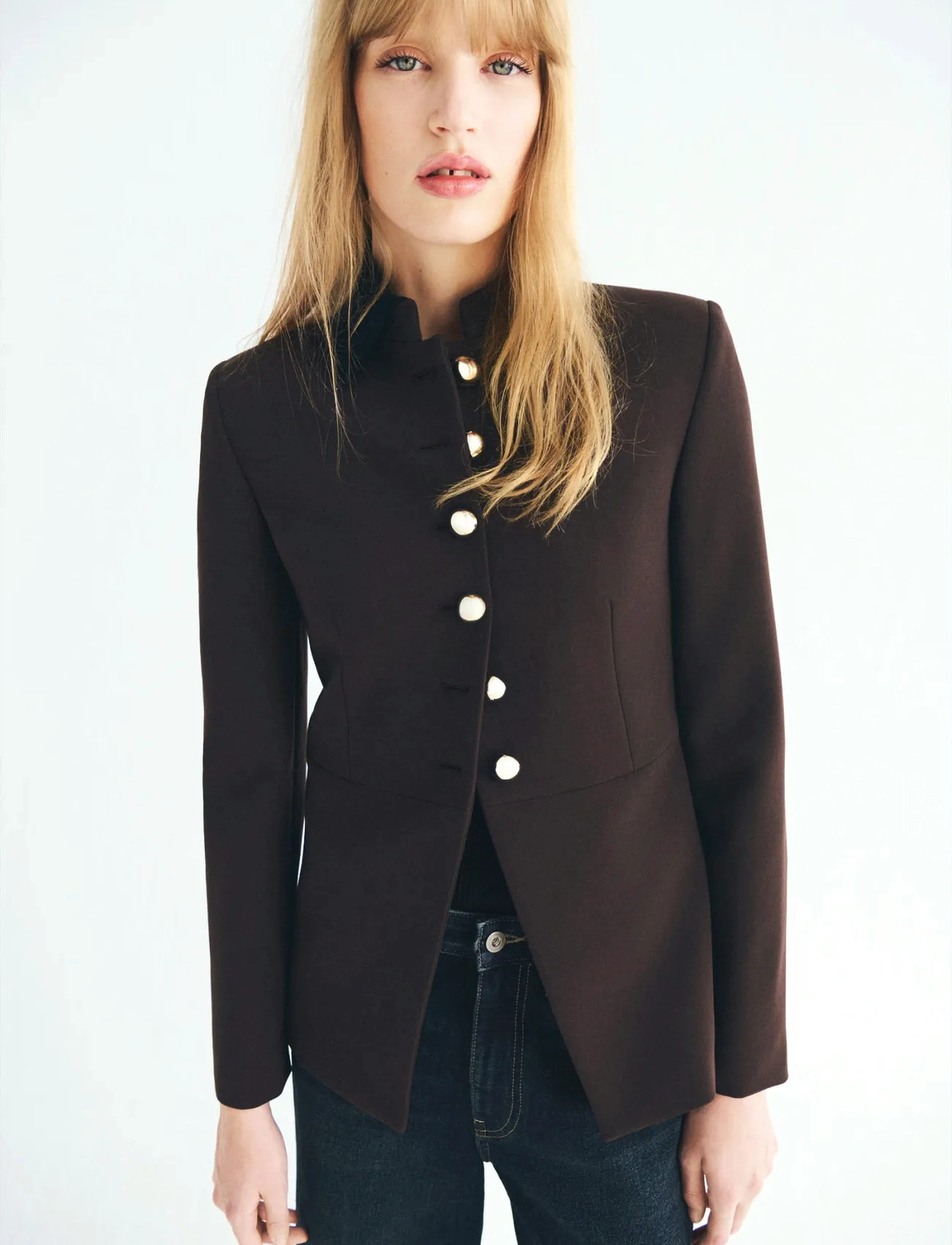 Mango Jacket With Jewel-Button Strip Collar, L, Brown, Blazere > Enkeltradede Blazere, Dame