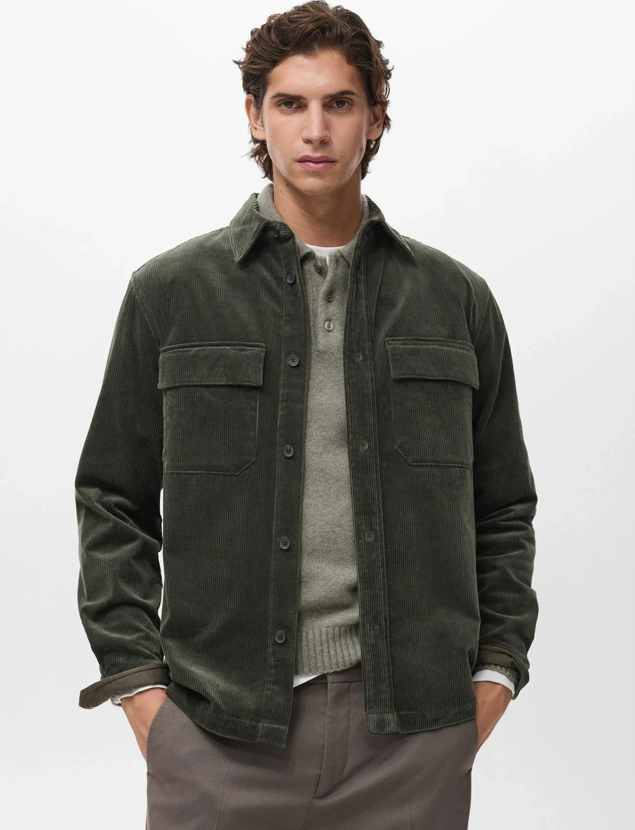 Mango Corduroy Overshirt With Pockets, S, Green, Shirts > Corduroy Shirts, Herre