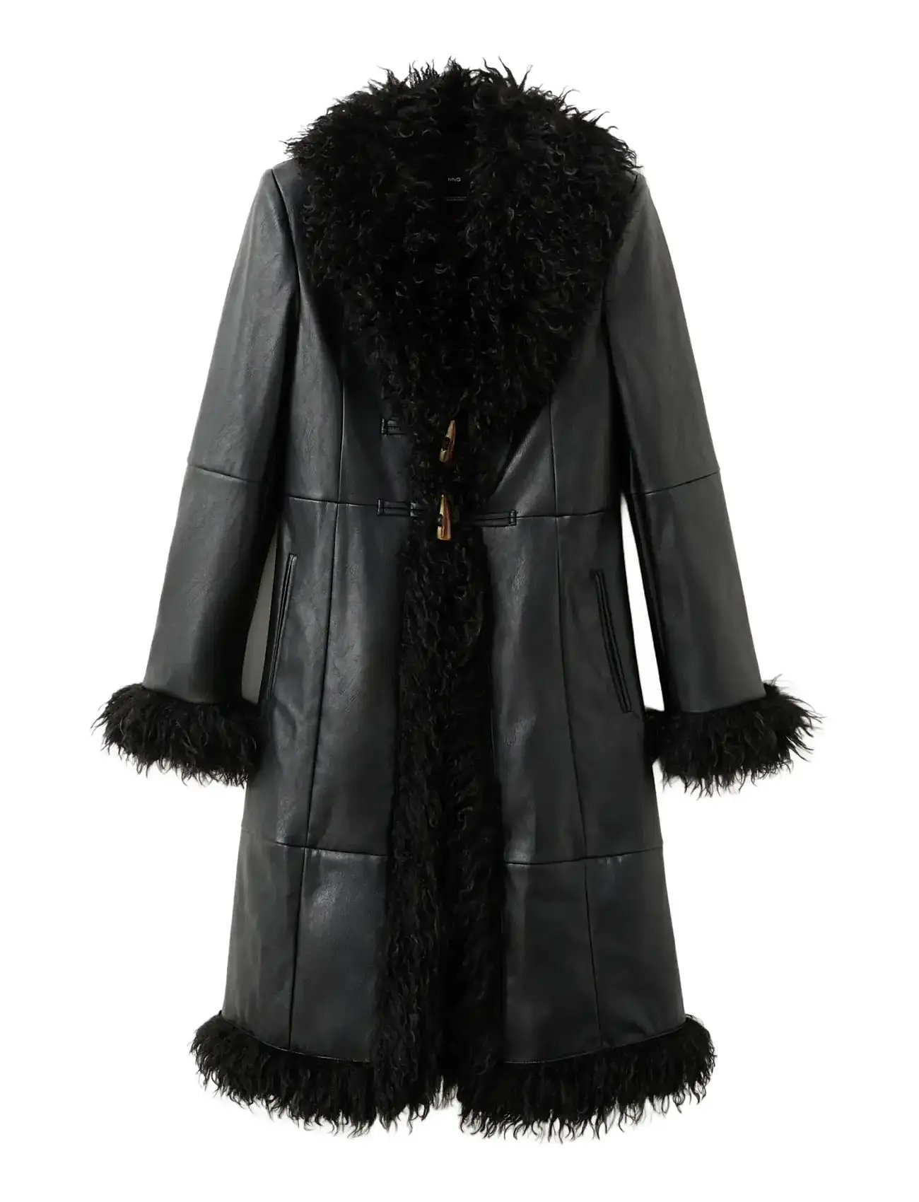 MANGO Faux-Leder Mantel With Pelz Trim Schwarz - S - Damen