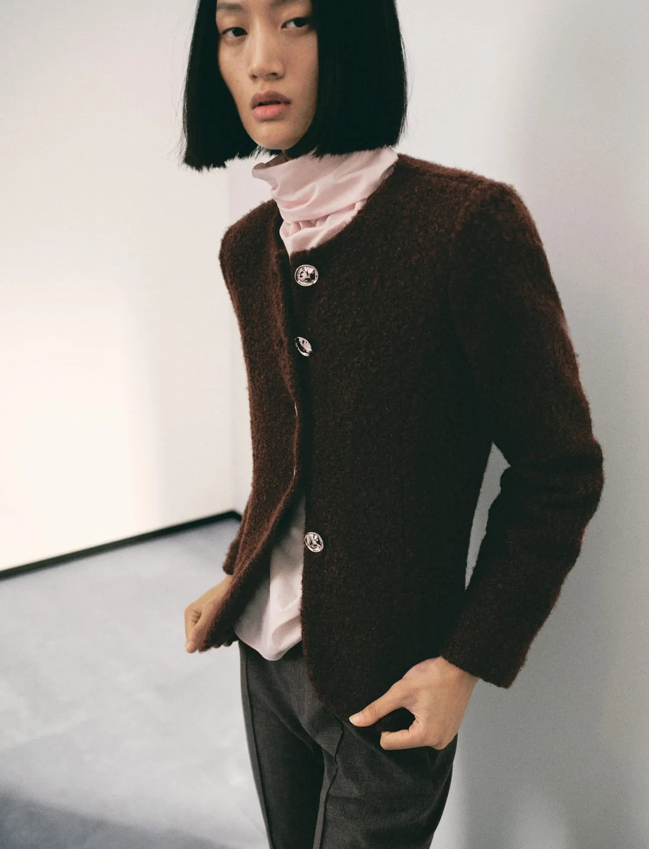 Mango Bouclé Jacket With Jewel Buttons, S, Brown, Blazere > Enkeltradede Blazere, Dame