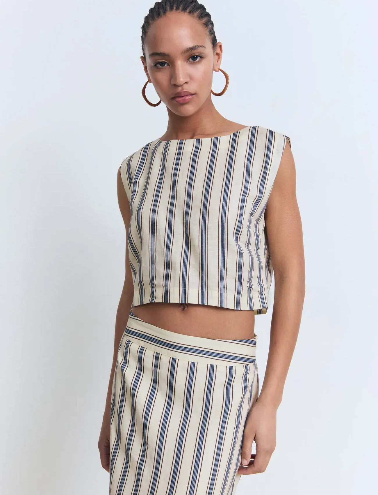 Mango Striped Linen Top, S, Cream, Crop Overdele > Crop Overdele Med Korte Ærmer, Dame