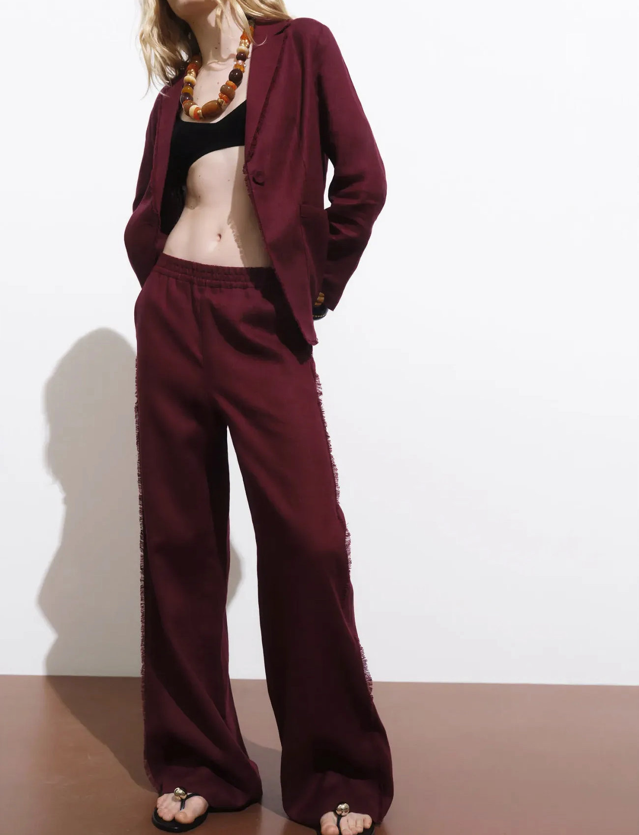 Mango Linen Suit Trousers With Frayed Ends, XL, Burgundy, Bukser > Bukser I Hør, Dame