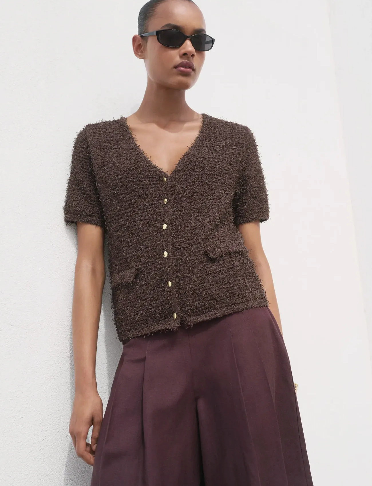 Mango Short-Sleeved Bouclé Cardigan, XS, Brown, Strik > Cardigans, Dame