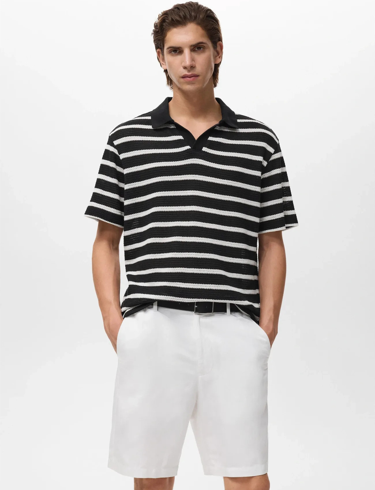 Mango Striped Braided Knit Polo Shirt, S, Black, Strik > Kortærmede Strikkede Poloer, Herre