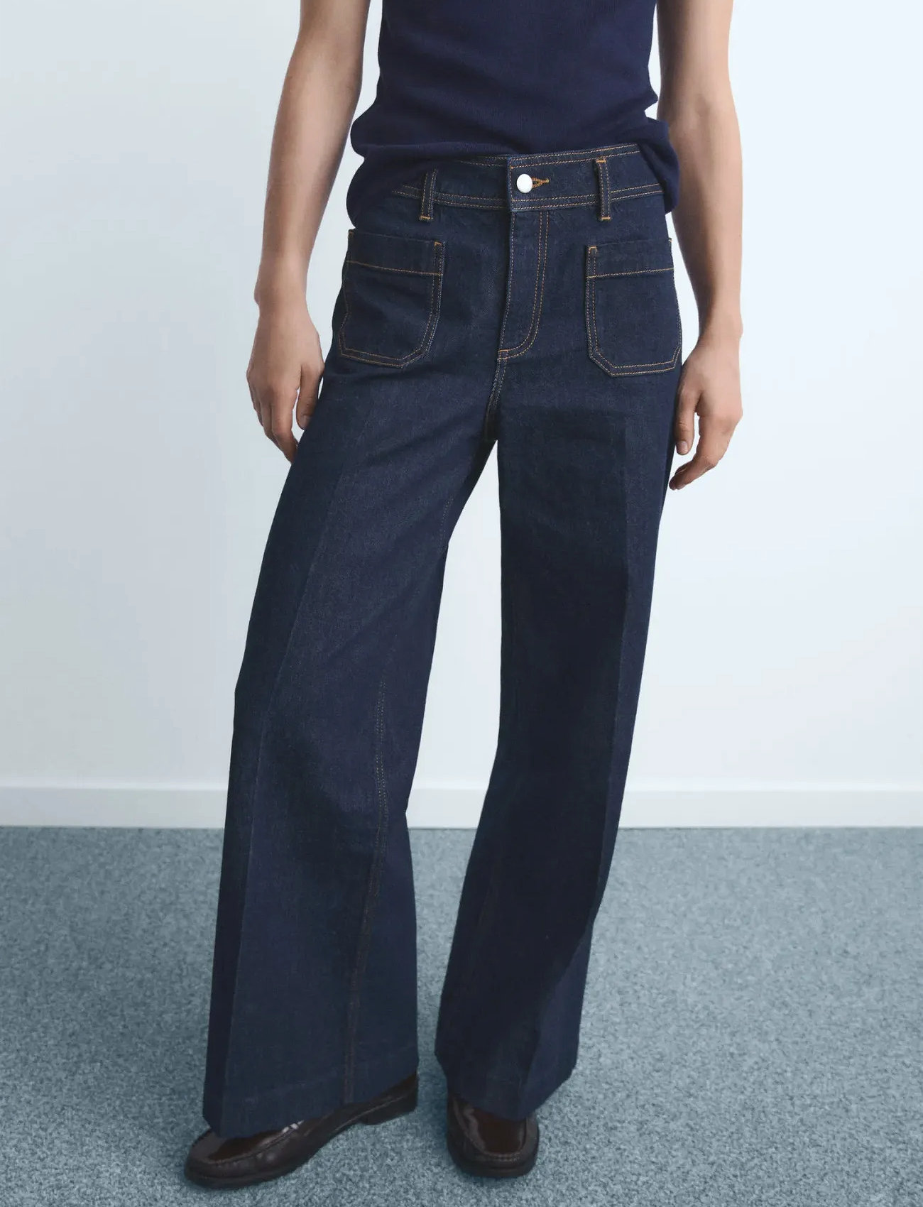 Mango Wide Leg Jeans With Pockets, 34, Navy, Jeans > Vidde, Dame