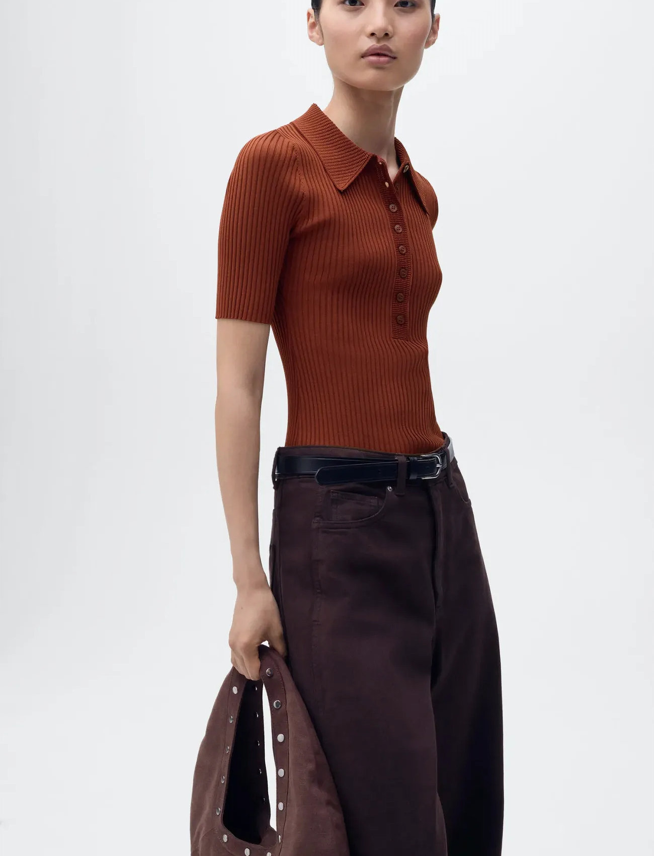 Mango Polo-Neck Ribbed Sweater, XS, Brown, Strik > Trøjer, Dame