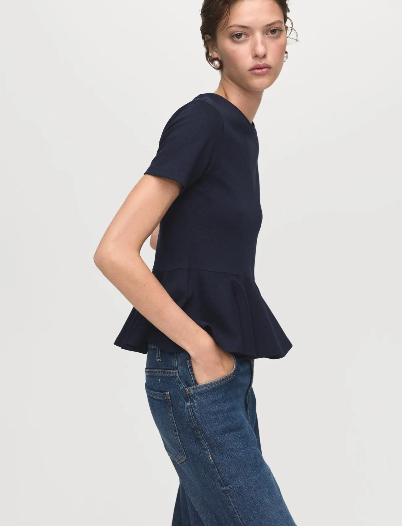 Mango Short-Sleeved Peplum T-Shirt, M, Navy, T-Shirts & Toppe > Kortærmede, Dame