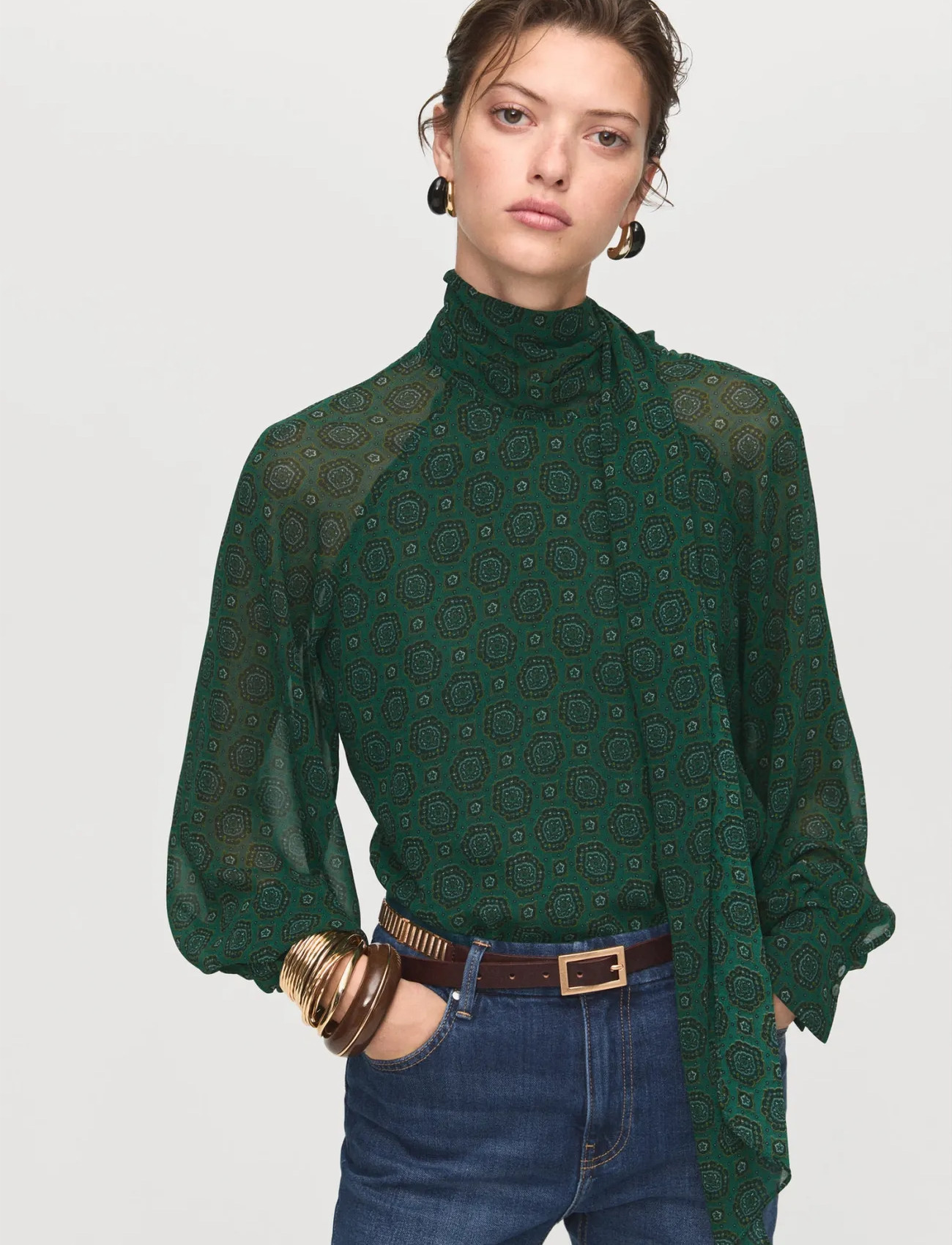 Mango Printed Blouse With Tie Closure, XS, Green, Bluser > Langærmede, Dame