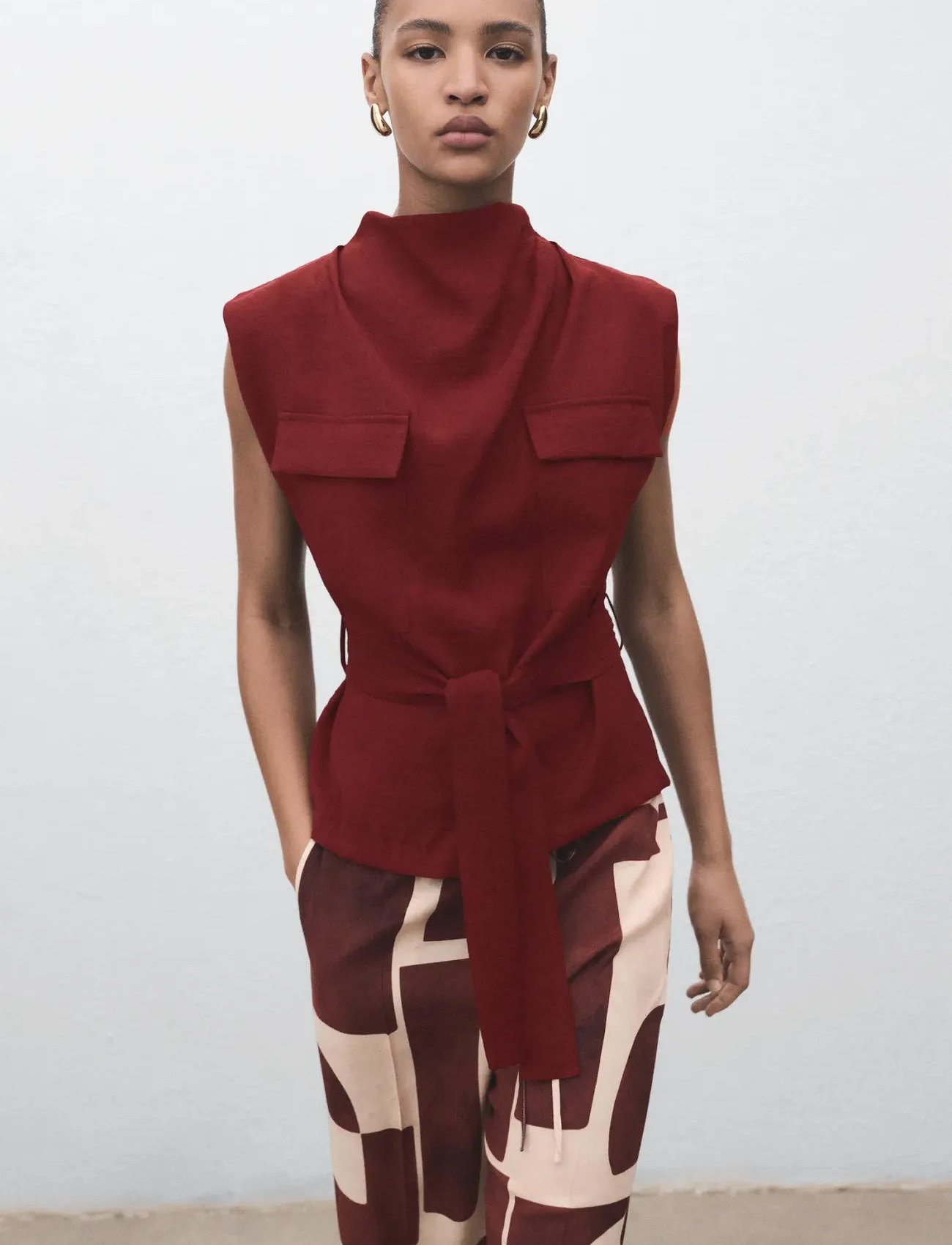 Mango Blouse With Draped Neck And Belt, S, Red, Bluser > Uden Ærmer, Dame