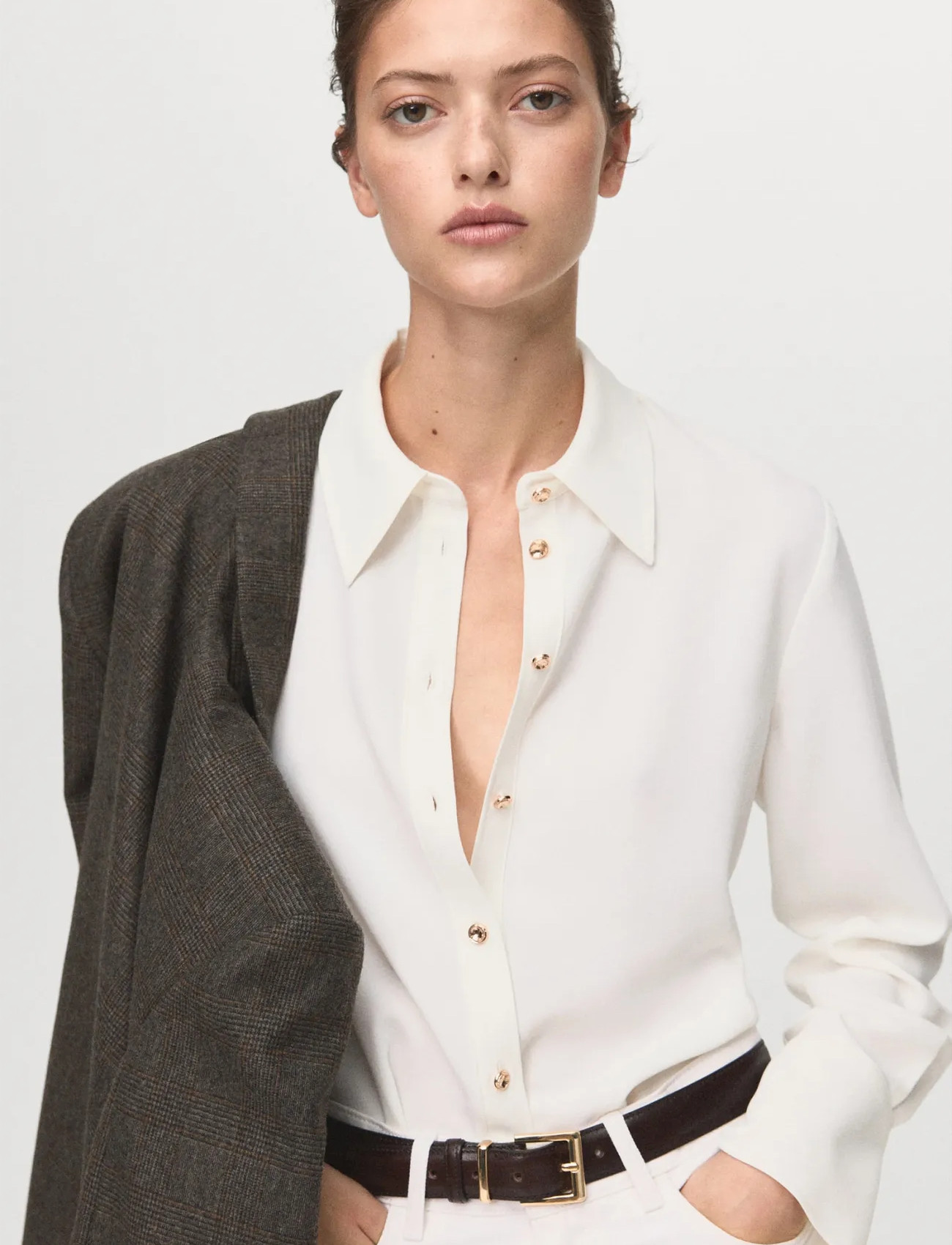 Mango Shirt With Jewel Buttons, M, White, Skjorter > Langærmede, Dame